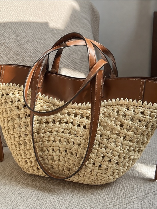 Polene Handbags - Polene Woven Straw Crossbody Tote with Brown Leather Trim